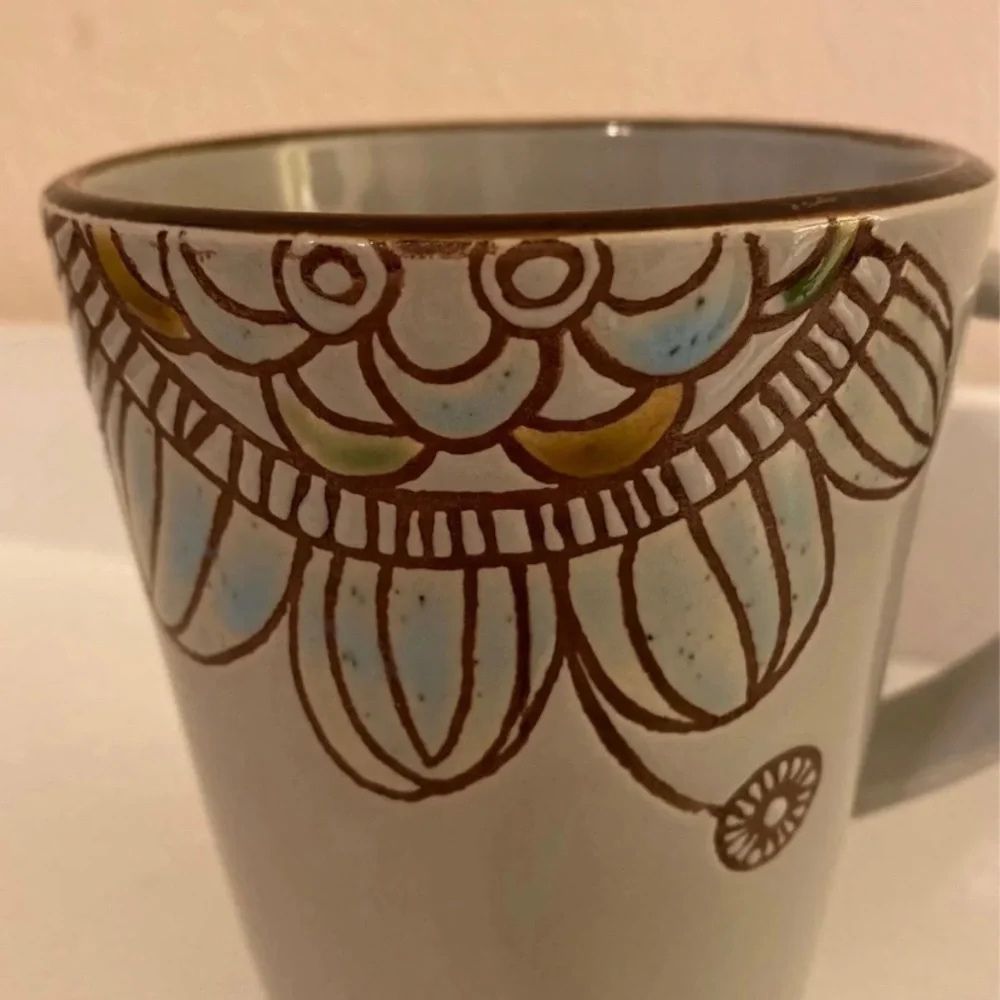Gray Stoneware Floral Mandala Coffee Mug Boho Ceramic Latte Cup